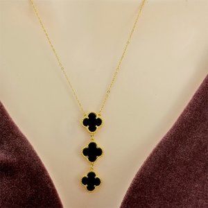 18k GP Sterling Silver Onyx 3 Clover Necklace